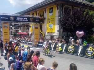 Cyclist in bike race at finish line